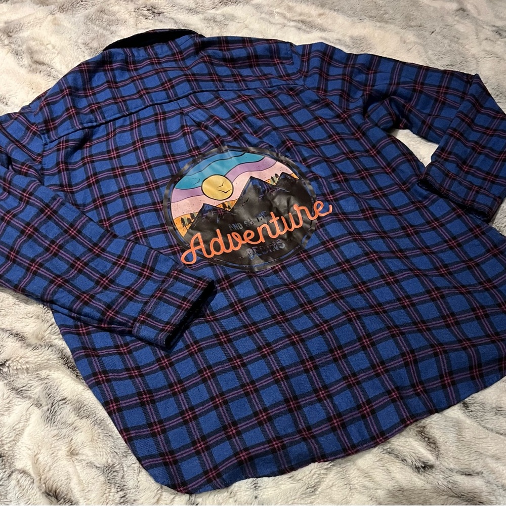 American Eagle Outfitters Blue and Blue Plaid Boyfriend Flannel XXL